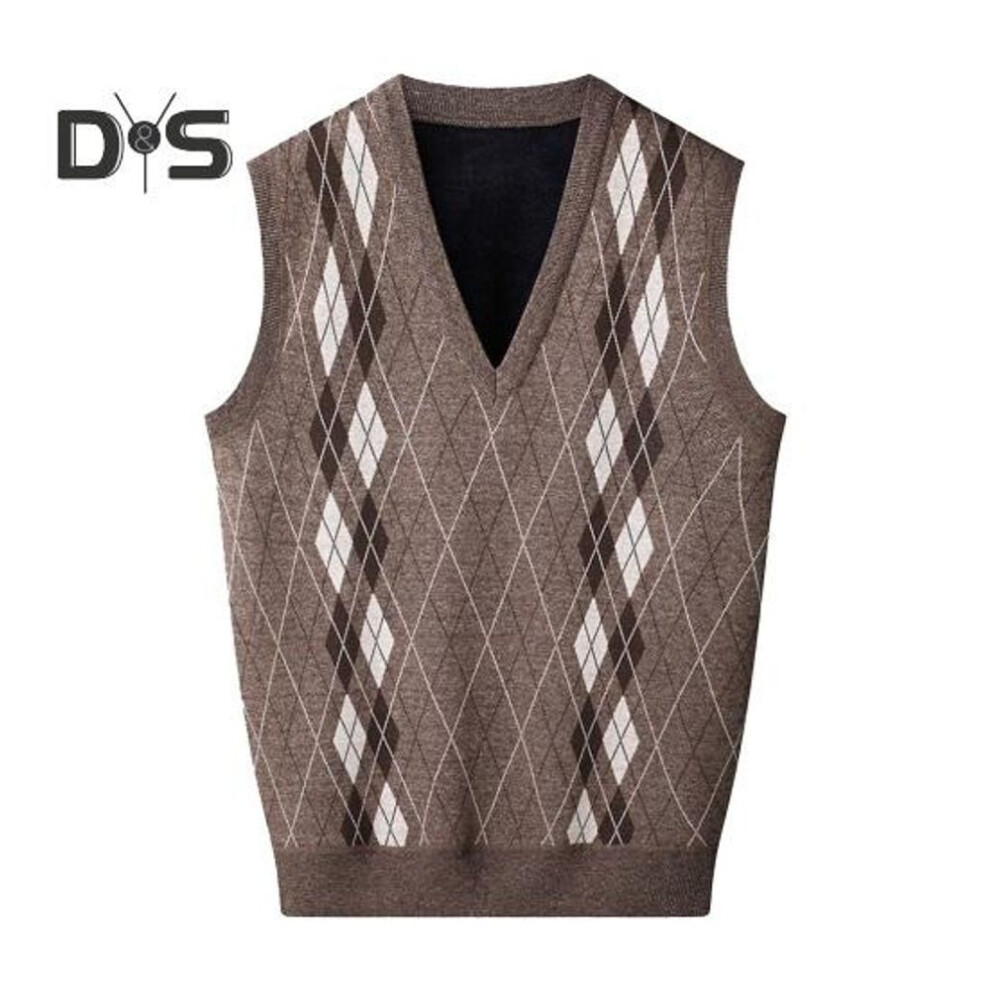 (khaki, XXL) Men Knitting Vest V-neck Sleeveless Thickened Plush Lining Waistcoat Rhombus Line Patterns Winter Vest Sweater