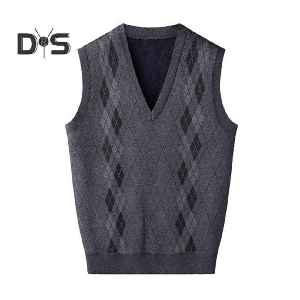 (dark gray, L) Men Knitting Vest V-Neck Sleeveless Thickened Plush Lining Waistcoat Rhombus Line Patterns Winter Vest Sweater