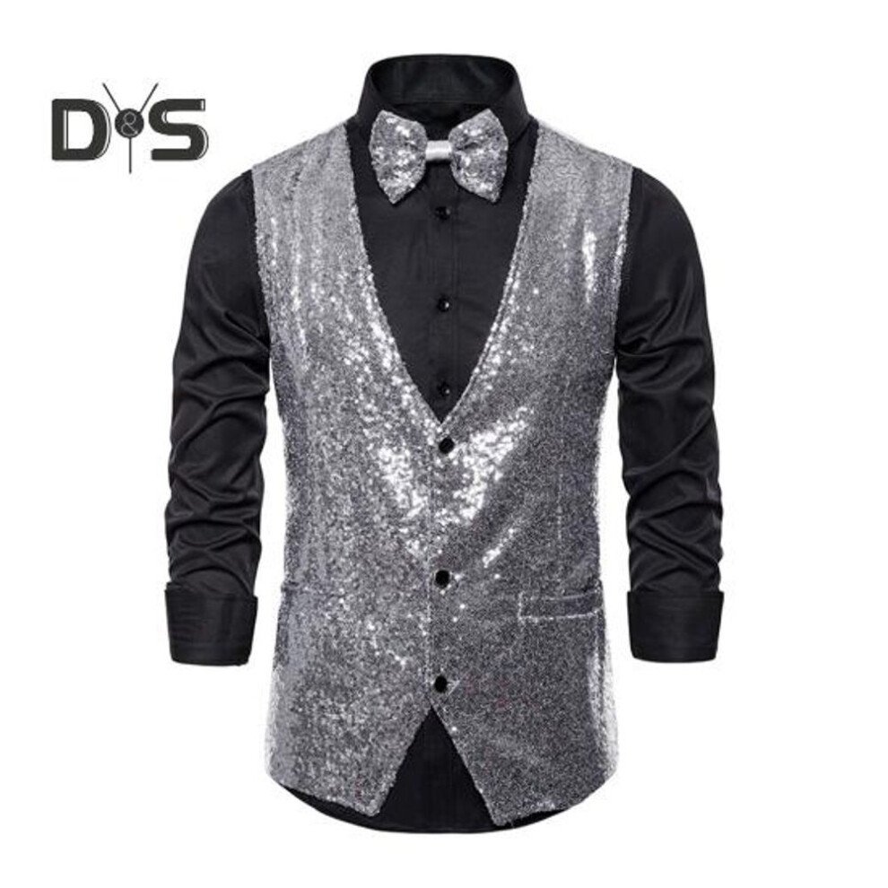 (M, silver) Men Suit Vest V-Neck Sleeveless Single Breasted Stage Show Waistcoat with Pockets Slim Fit Shiny Sequins Bow Tie Weddings Proms Vest
