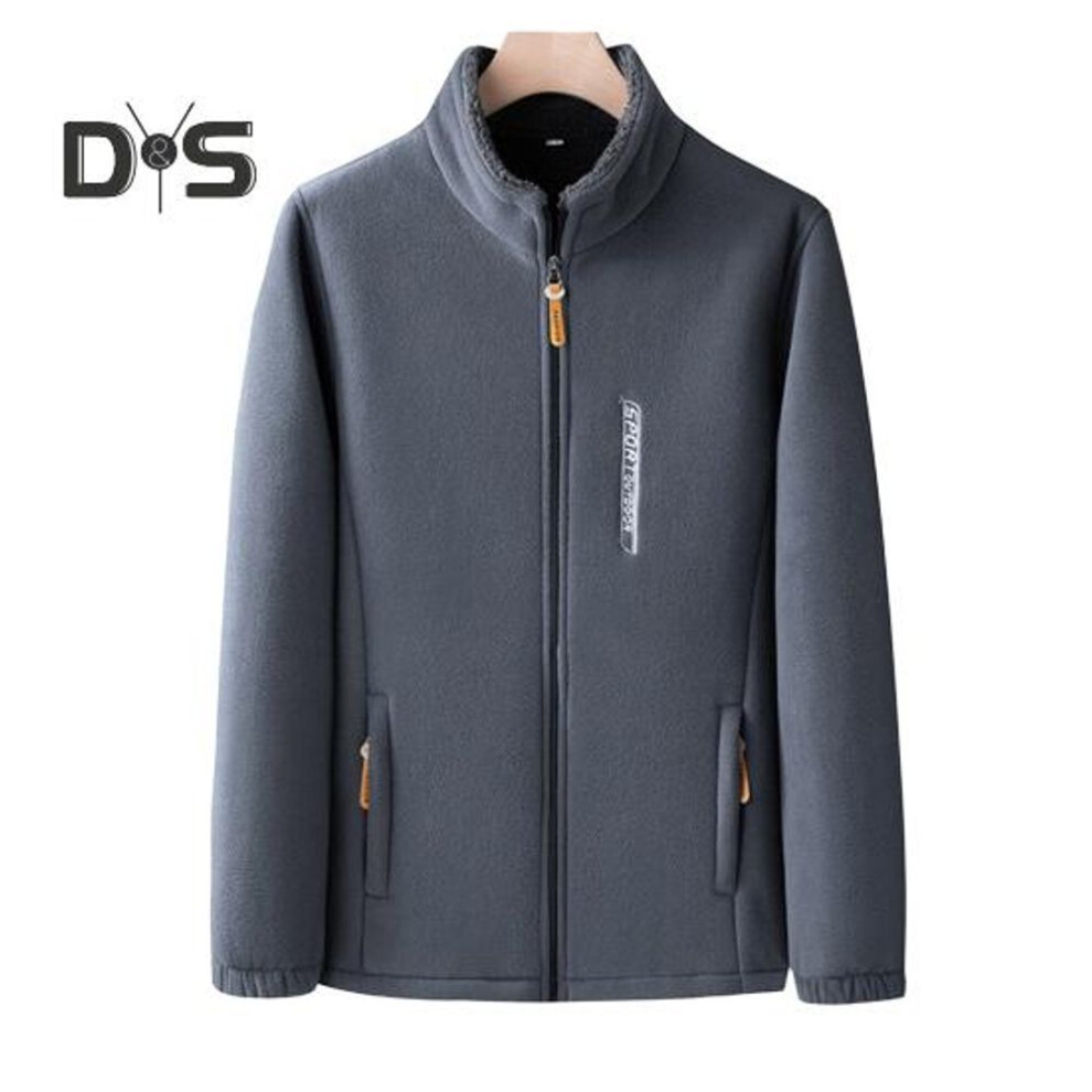 (grey, XXXXL) Men Coat Stand Collar Long Sleeve Polar Fleece Lining Cardigan Jacket Solid Color Zipper Placket Outwear Daily Wear