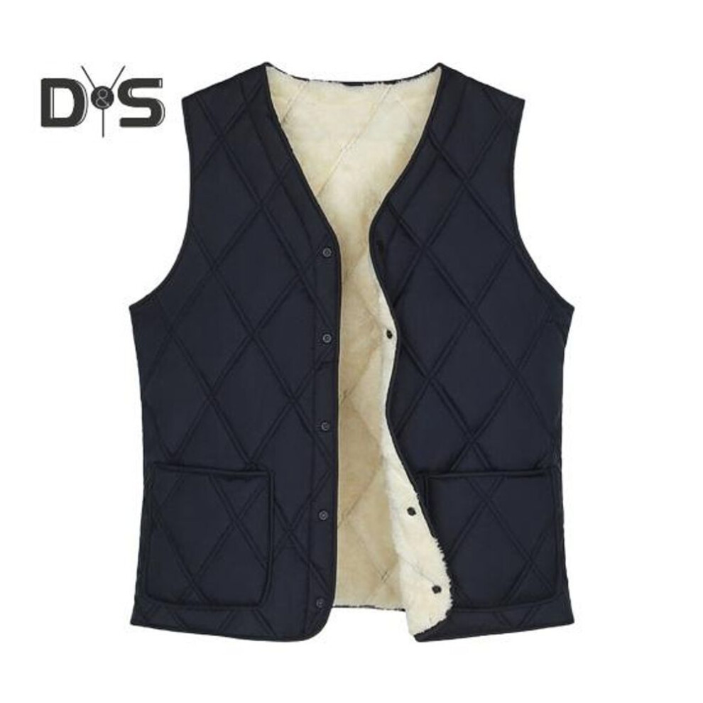 (XXXXL, navy blue) Men Velvet Quilted Waistcoat V-neck Sleeveless Single-breasted Design Snap Buttons Thickened Plush Lining Winter Cotton Vest
