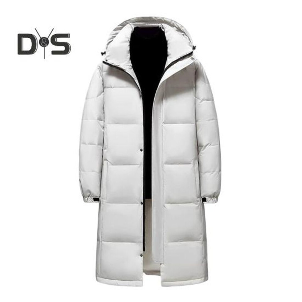 (white, L) Men Women Cotton Jacket Hooded Drawstring Long Sleeve Warm Down Jacket Solid Color Mid-length Thickened Quilted Outwear