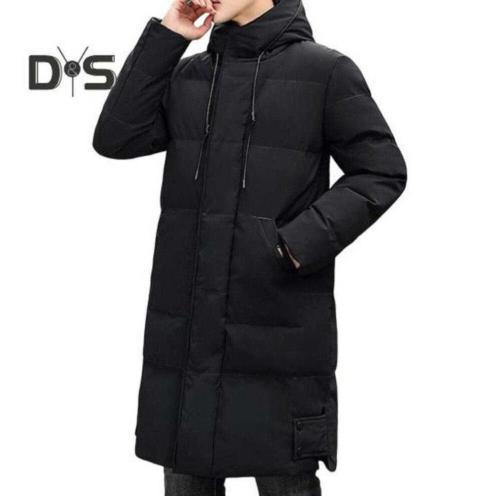 (black, M) Men Cotton Coat Hooded Drawstring Long Sleeve Mid-length Down Jacket With Pockets Solid Color Thickened Puffer Coat