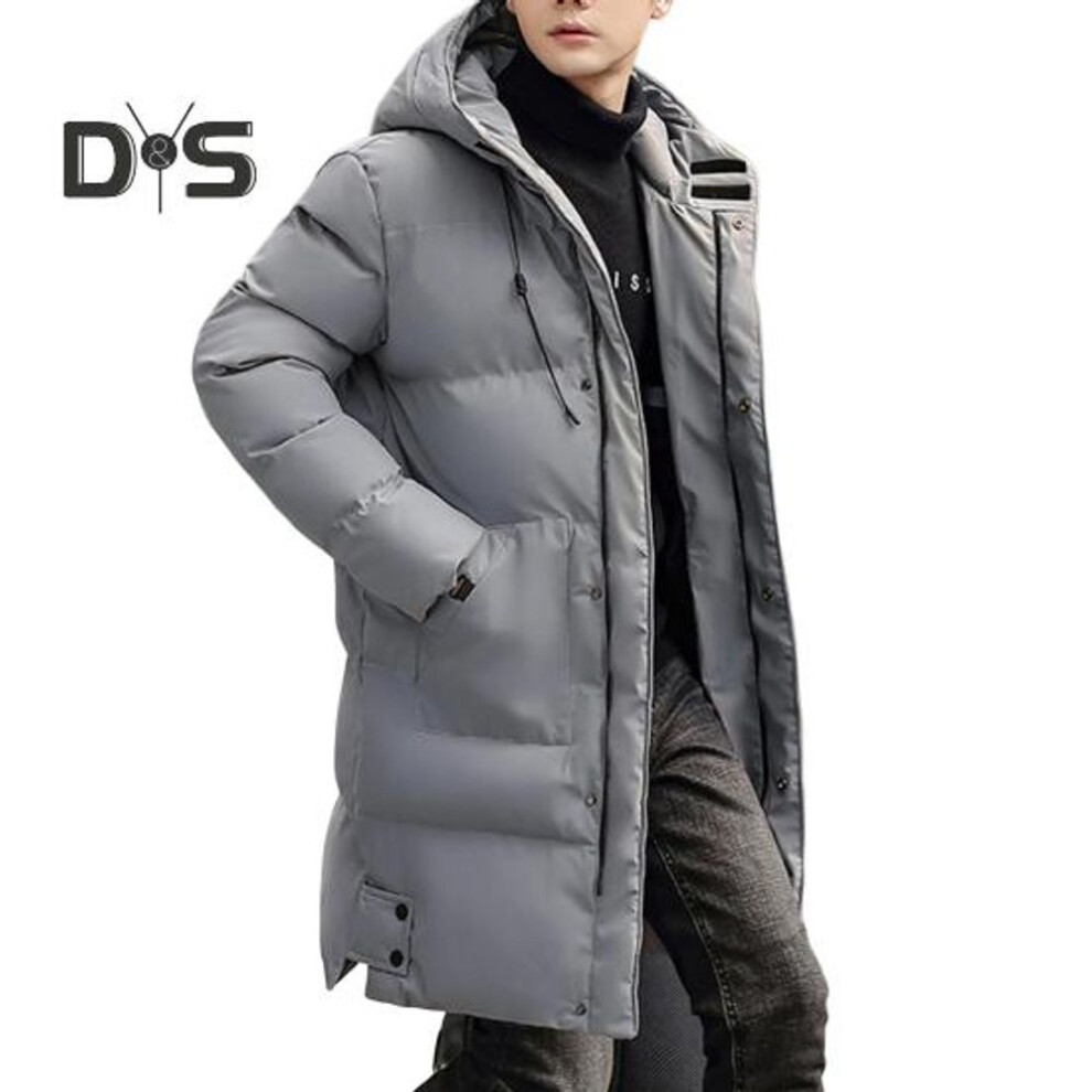 (grey, 2XL) Men Cotton Coat Hooded Drawstring Long Sleeve Mid-length Down Jacket with Pockets Solid Color Thickened Puffer Coat