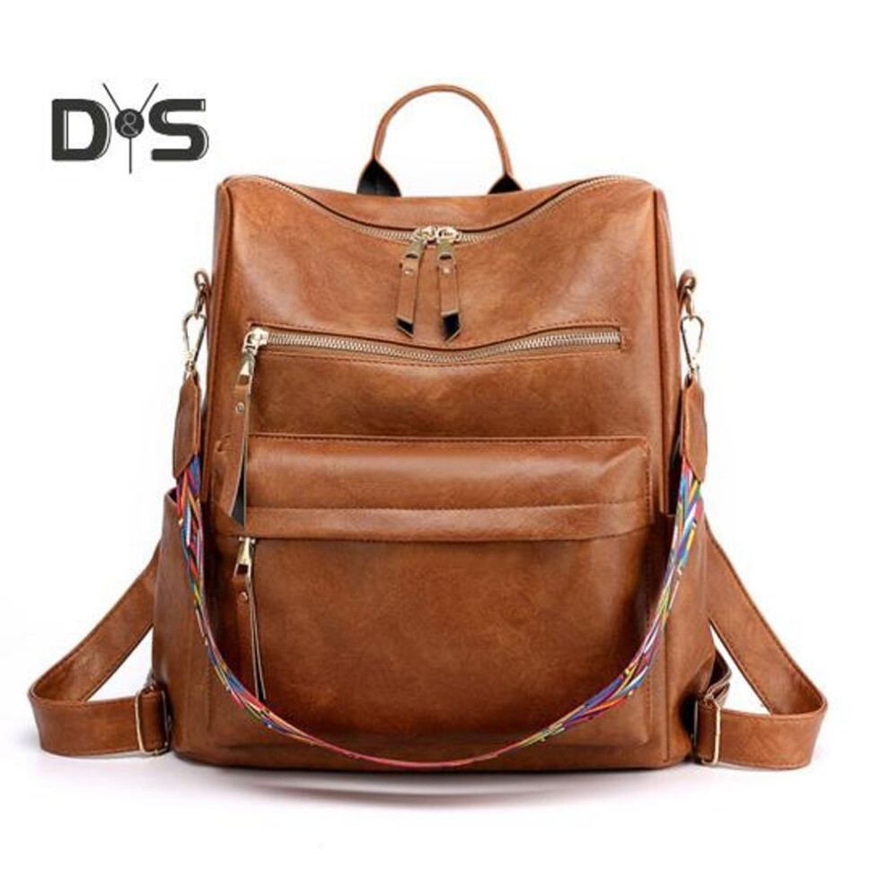 (brown) Faux Leather Backpack with Hand Strap Smooth Surface Vintage Large Capacity Solid Color Adjustable Straps Multi Pockets Travel Work Companion Bag