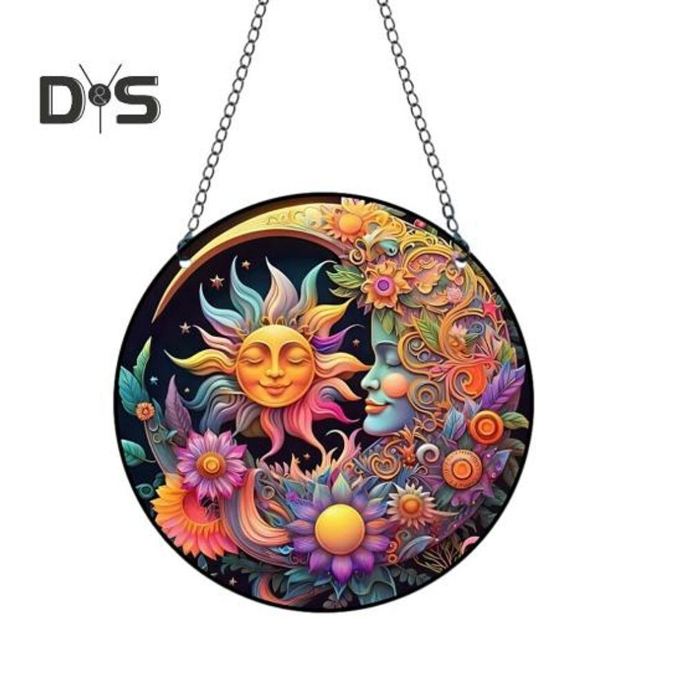(as the picture, A) Sun Moon Flower Hanging Sign Round Indoor Outdoor Front Door Window Wall Art Acrylic Welcome Plate Pendant Decoration