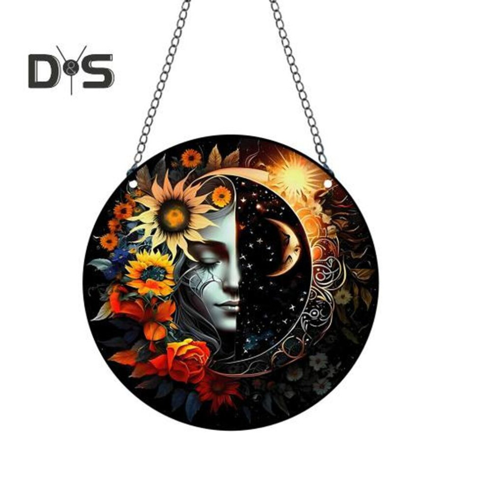 (as the picture, B) Sun Moon Flower Hanging Sign Round Indoor Outdoor Front Door Window Wall Art Acrylic Welcome Plate Pendant Decoration