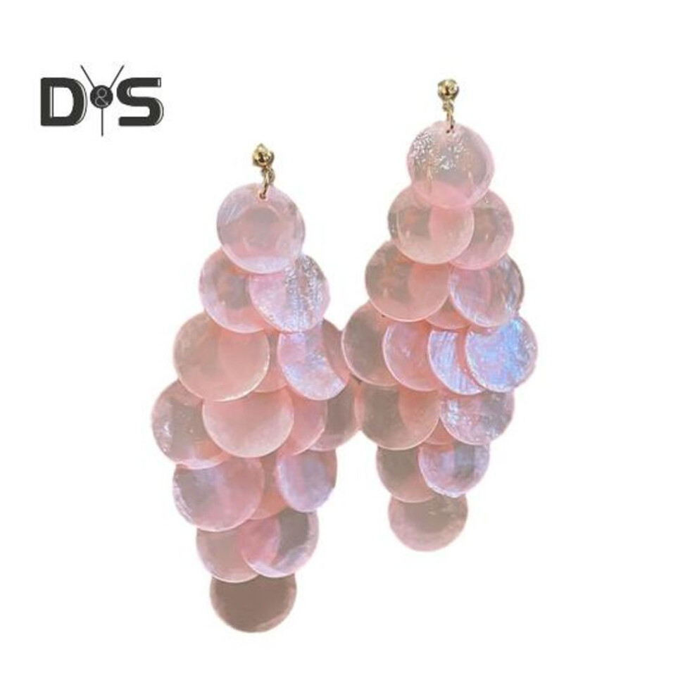 (pink) 1 Pair Long Style Multi-Layer Drop Earrings Translucent Metal Needle Design Artificial Crystal Shell Tassel Earrings