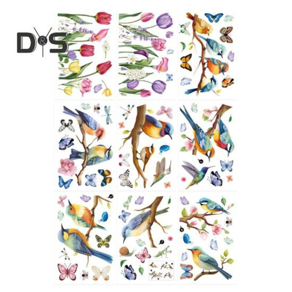 9 Sheets/set Spring Window Cling Colorful Flower Bird Butterflies Waterproof Pvc Reusable Electrostatic Glass Decoration Sticker Decal