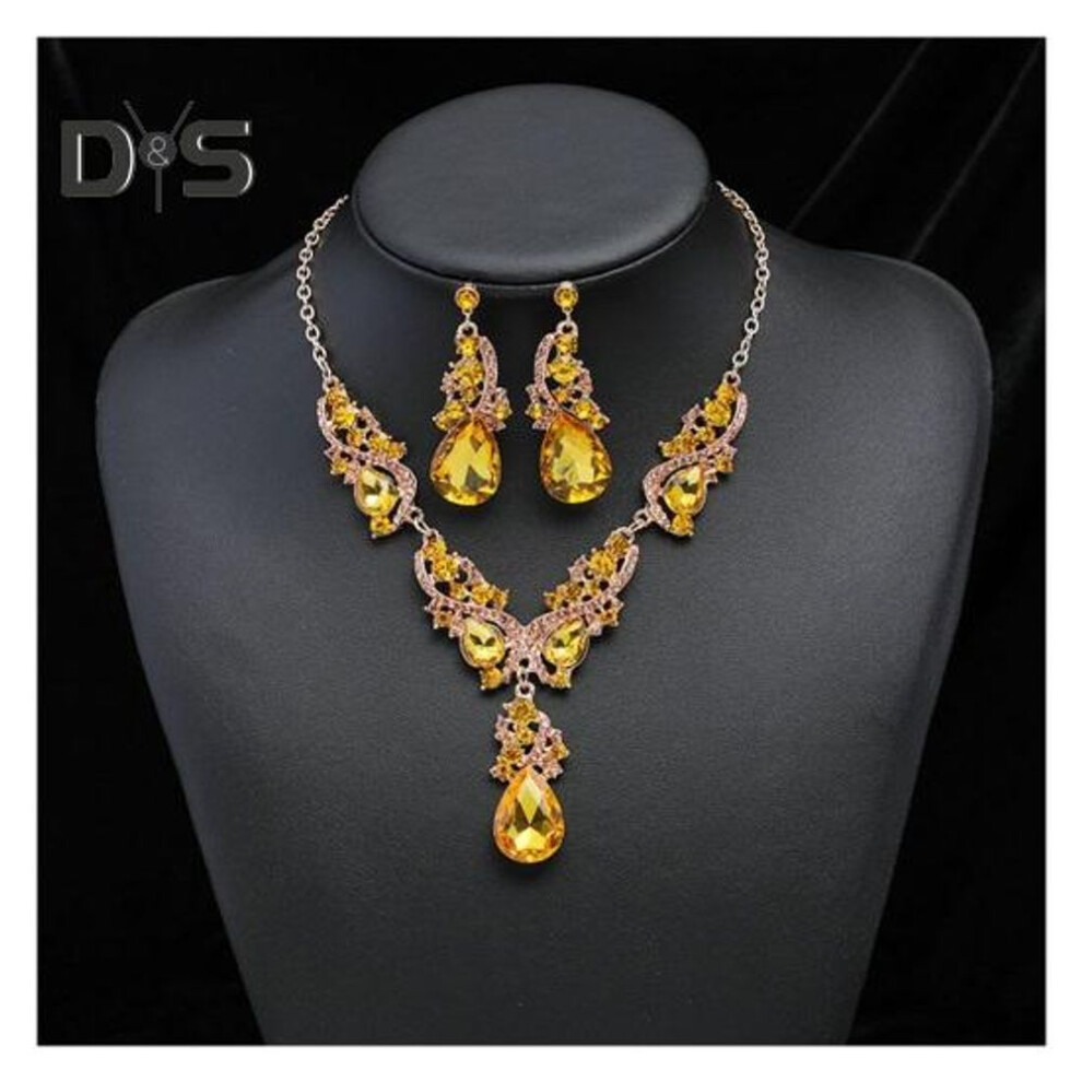 (yellow) Women Necklace Earrings Set Luxury Symmetric Retro Rhinestone Hollow Out Anti-allergy Hanging Earrings Bridal Wedding Prom Anniversary Jewelry Set