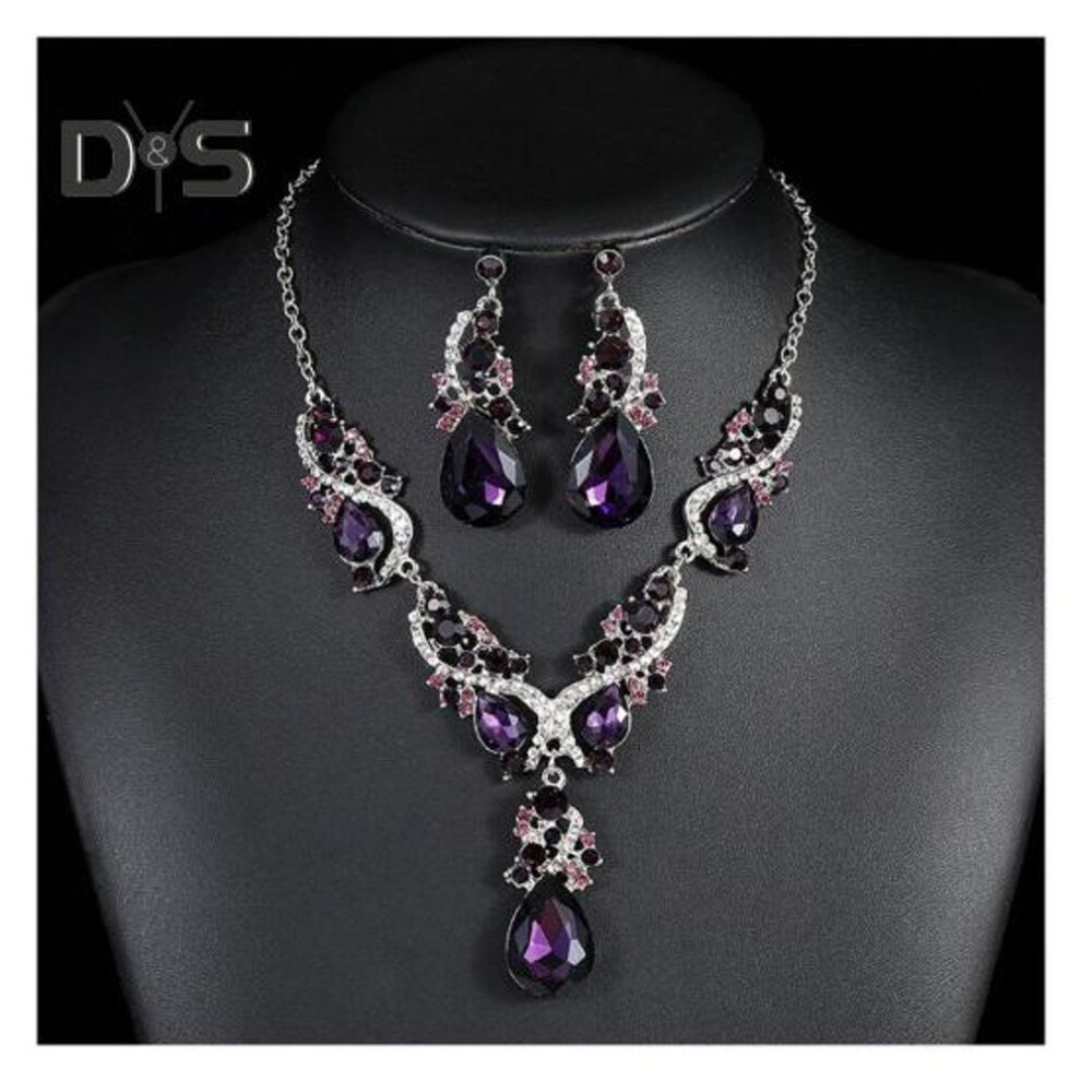 (purple) Women Necklace Earrings Set Luxury Symmetric Retro Rhinestone Hollow Out Anti-allergy Hanging Earrings Bridal Wedding Prom Anniversary Jewelry Set