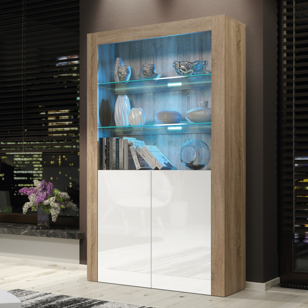 Spectrum 170cm Display Cabinet LED - Oak & White Gloss Doors