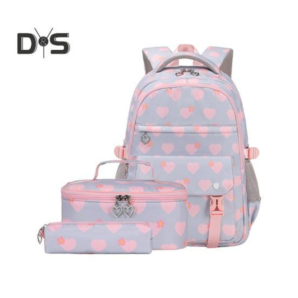 (grey) 3 Pcs/Set Backpack Set Includes Lunch Bag And Pencil Case Waterproof Heart Print Dual Zipper Closure Adjustable Padded Shoulder Strap Student School