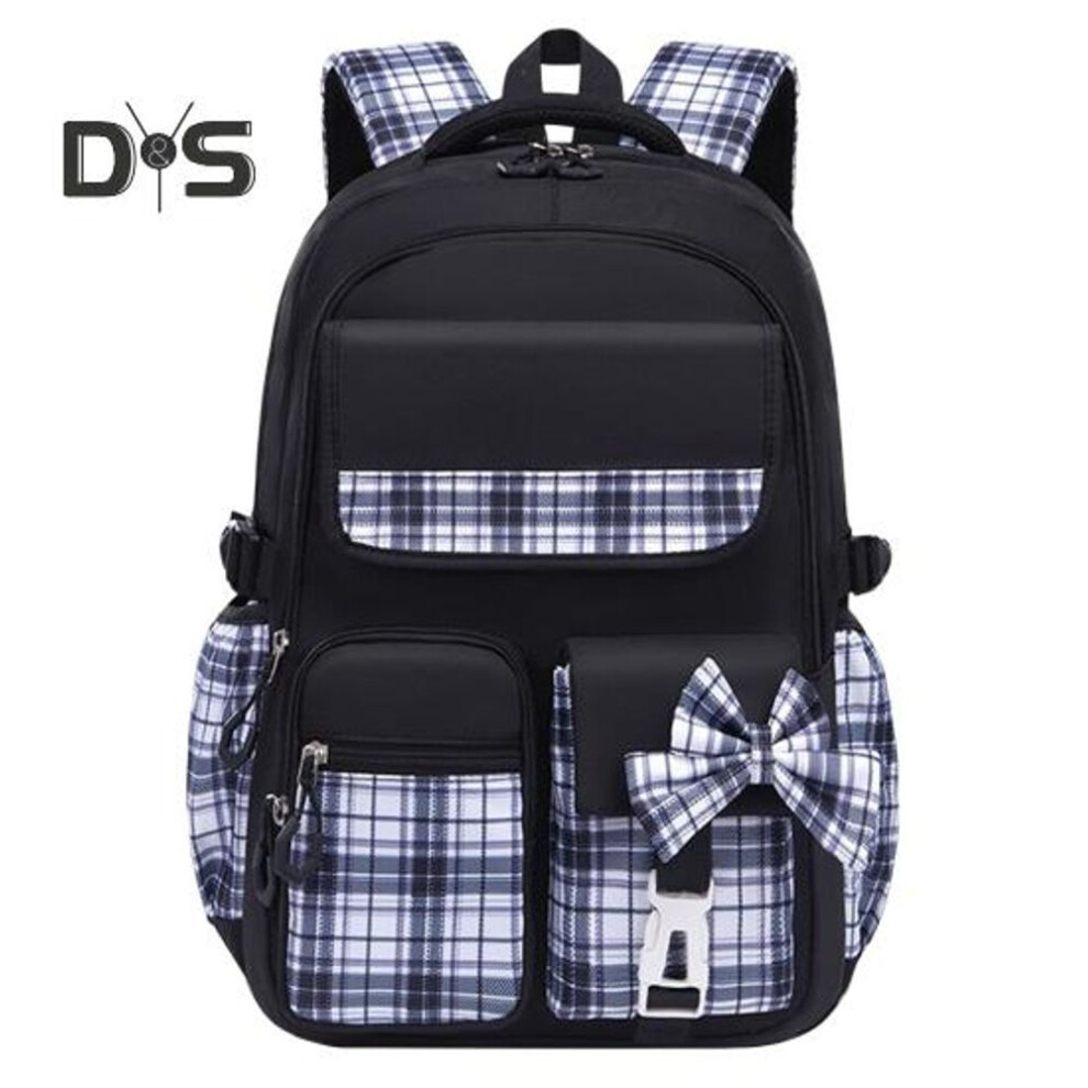 (black, S) Children School Bag Bow Decor Plaid Print Adjustable Padded Shoulder Strap Large Capacity Breathable Mesh Lining Waterproof Spacious Elementary