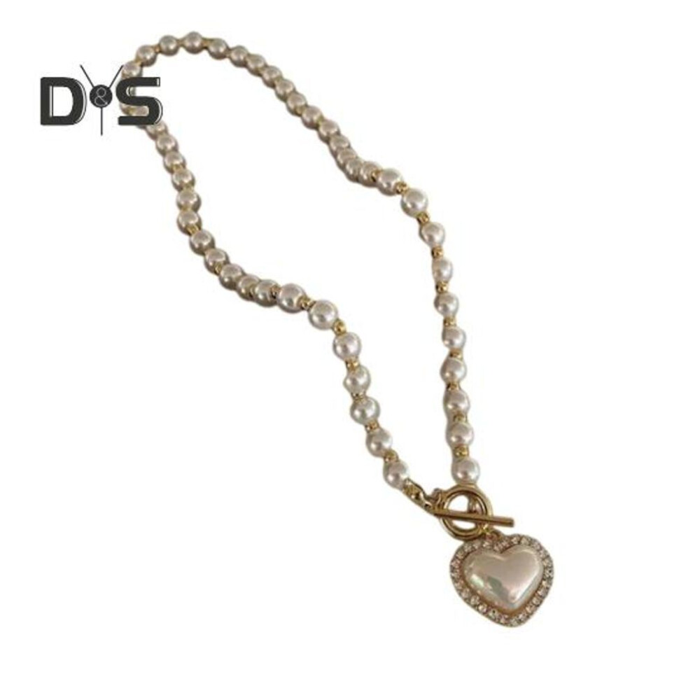 (white) Women Double Layer Necklace Faux Pearls Heart Pendant Choker Necklace Hip Hop Style Short Necklace Jewelry Accessories