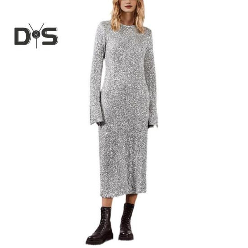 (silver, L) Women Spring Dress Shiny Sequin O Neck Long Sleeve Loose Caf Length Backless Midi Dress Lady Autumn Dress for Prom Party Dating