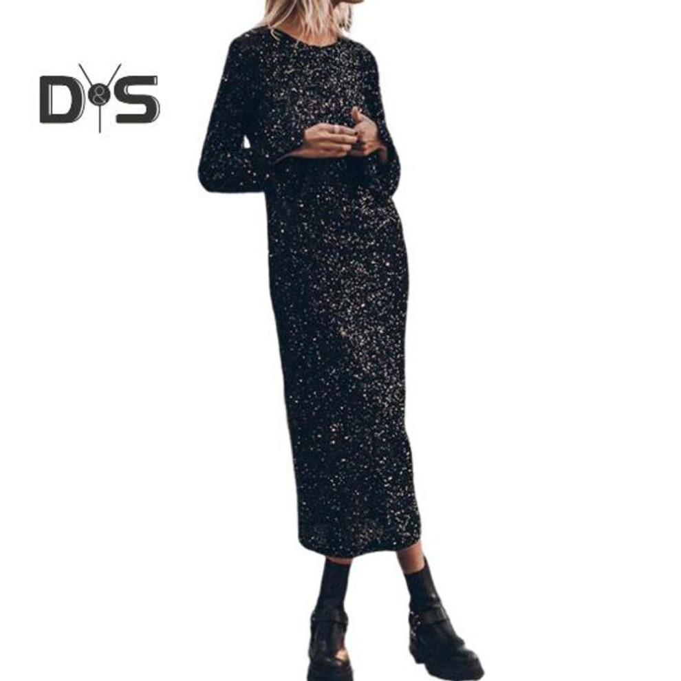 (black, L) Women Spring Dress Shiny Sequin O Neck Long Sleeve Loose Caf Length Backless Midi Dress Lady Autumn Dress for Prom Party Dating