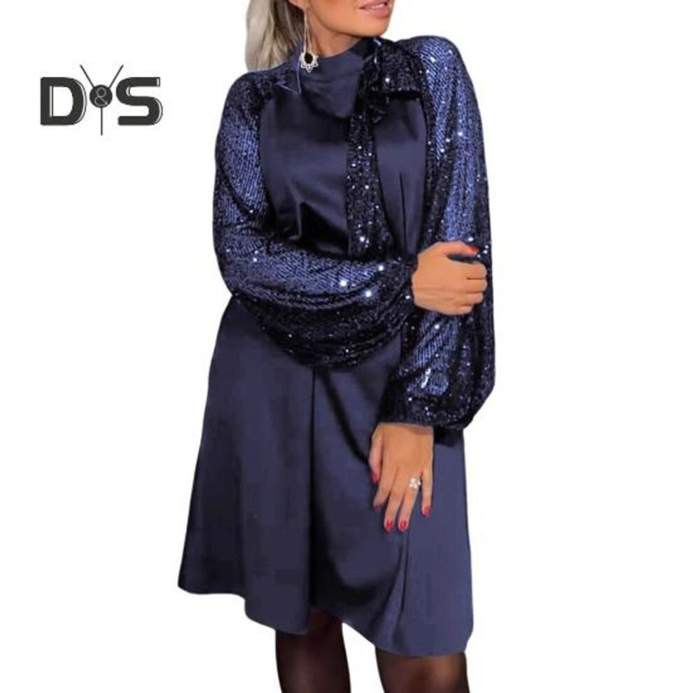 (blue, XL) Lady Evening Dress Lace-up Strap Sequin Patchwork Long Lantern Sleeves Round Neck Spring Auutmn Midi Dress Loose Prom Party Dress