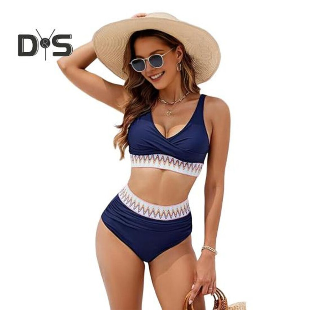 (M, navy blue) Women Bikini Set Two Piece High Waist Swimsuit V-neck Tummy Control Bathing Suit For Daily Vacation Party Beach Wear