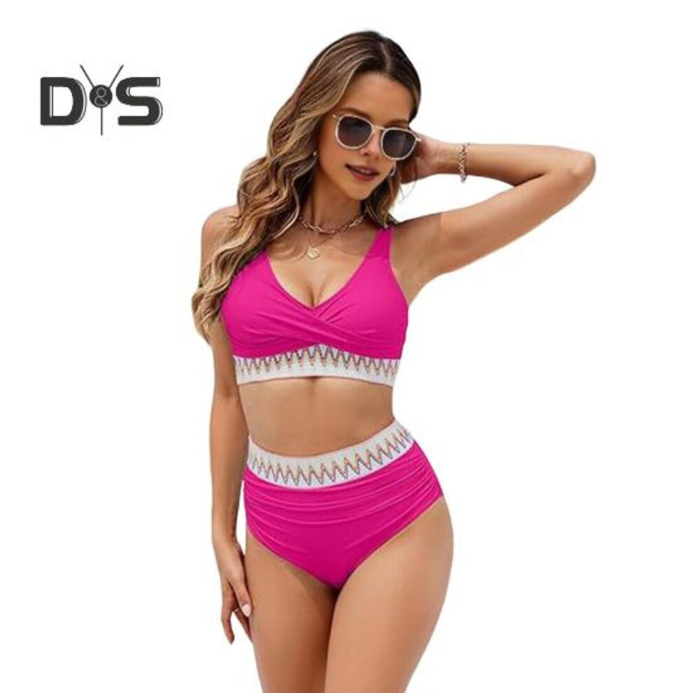 (S, rose red) Women Bikini Set Two Piece High Waist Swimsuit V-Neck Tummy Control Bathing Suit for Daily Vacation Party Beach Wear
