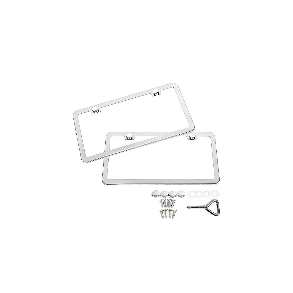 Sunplustrade 2 Stainless Steel Polish Mirror License Plate Frame + Chrome Screw Caps Silver 751871555624