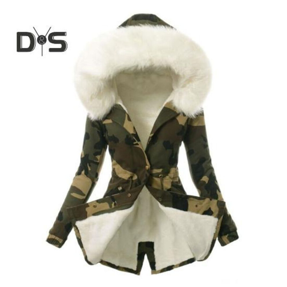 (white, XXL) Women Winter Down Coat Faux Fur Fleece-lined Zip-up Press Button Closure Windproof Mid Length Jacket Camouflage Print Slim Fit Outerwear