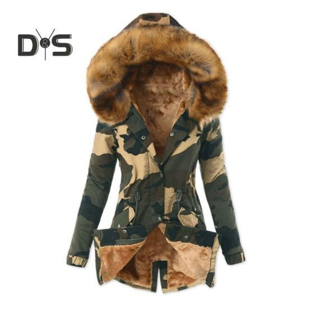 (yellow, XL) Women Winter Down Coat Faux Fur Fleece-lined Zip-up Press Button Closure Windproof Mid Length Jacket Camouflage Print Slim Fit Outerwear