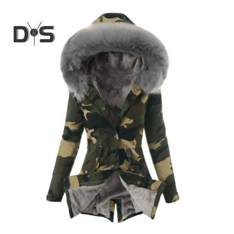 (grey, XXL) Women Winter Down Coat Faux Fur Fleece-lined Zip-up Press Button Closure Windproof Mid Length Jacket Camouflage Print Slim Fit Outerwear