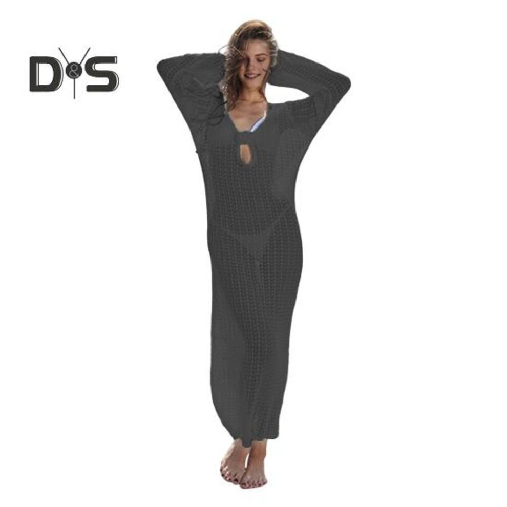 (M, black) Women Beach Dress Hollow Out Knitted Backless Lace-up Straps V Neck Loose Smock Cover-up Long Sleeve Sun Protection Lady Bikini Swimsuit Beachwear