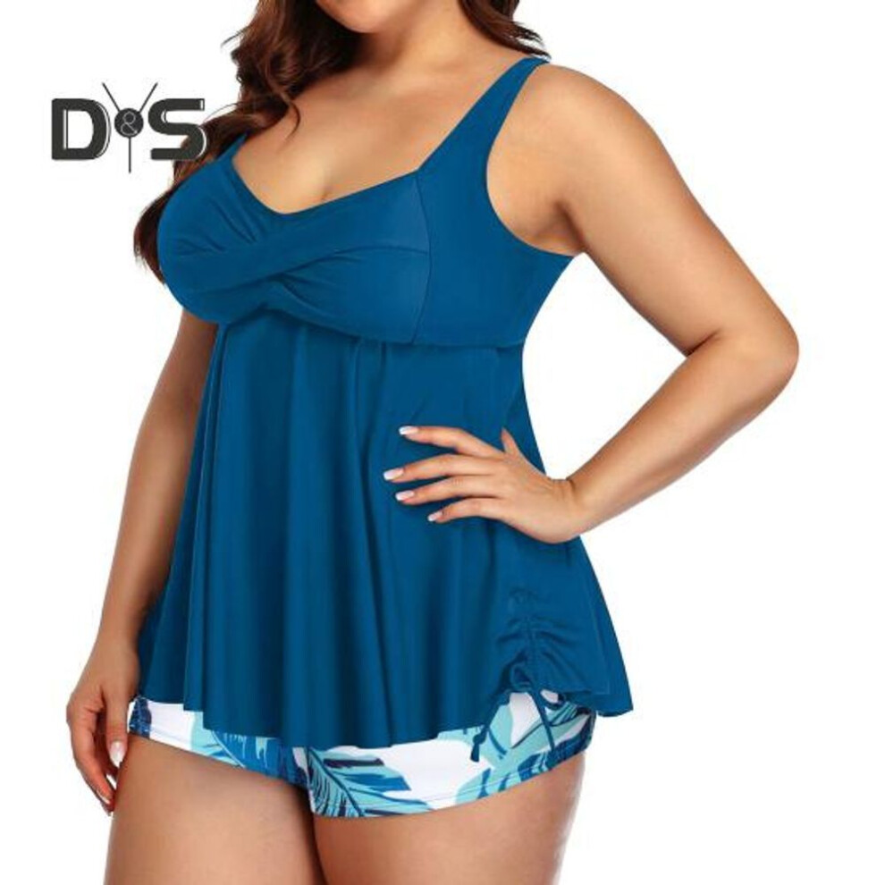 (4XL, blue) 2 Pcs/set Swimsuit Sleeveless Low-cut Elastic High Waist Plus Size Swim Top Floral Print Shorts Set Swimwear Bathing Suit Vacation Water Sports Set