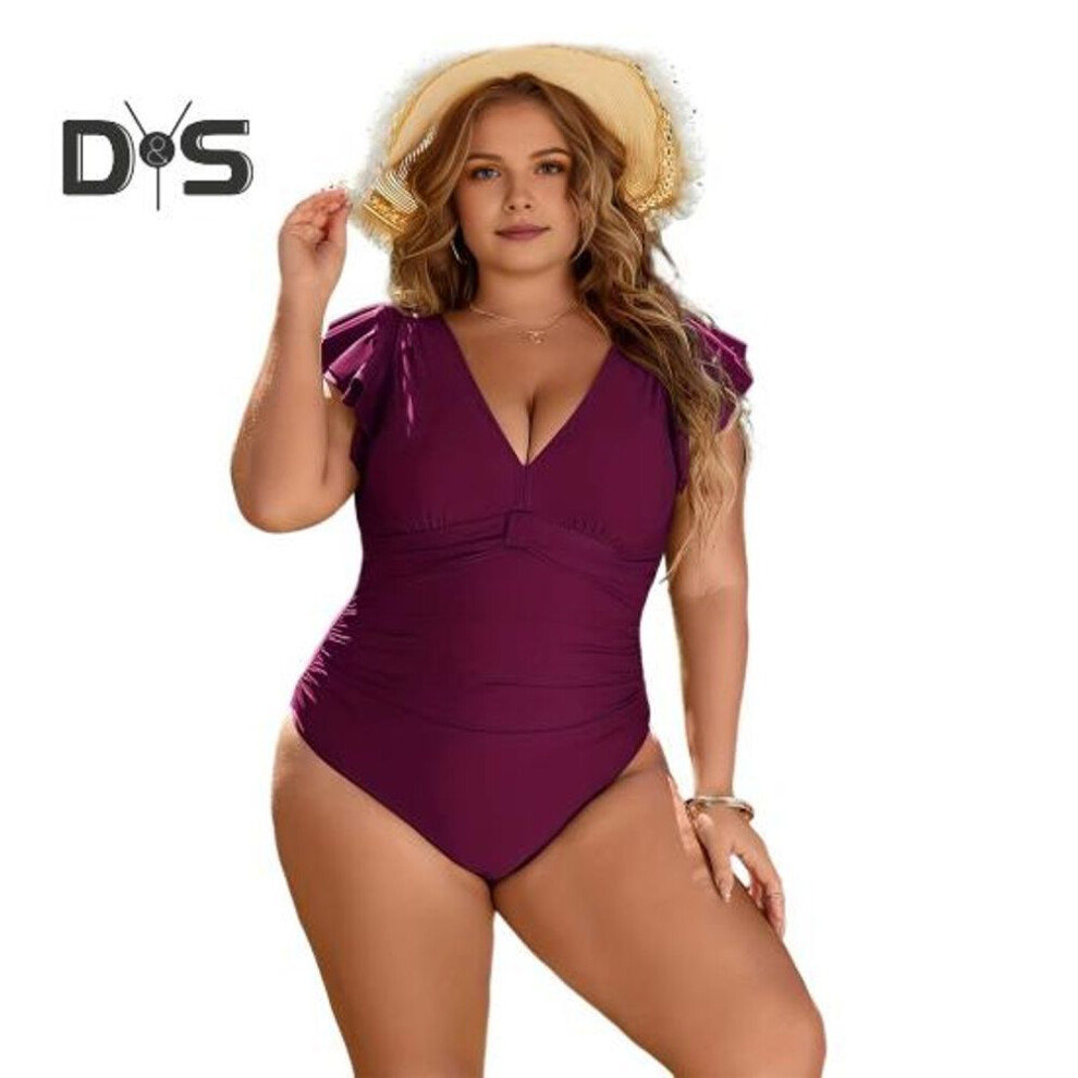 (XL, wine red) Plus Size Swimsuit High Waist Elastic Ruffle Shoulder V Neck Beachwear Slim Fit Quick-drying Beach Outfit Pure Color One-Piece Pool Surfing Monokini