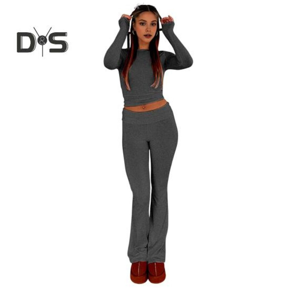 (dark gray, M) 2 Pcs/set Women Top Pants Suit Round Neck Long Sleeves Solid Color Skinny Blouse Elastic Waist Flared Leg Trousers Daily Wear Sport Outfit Fall