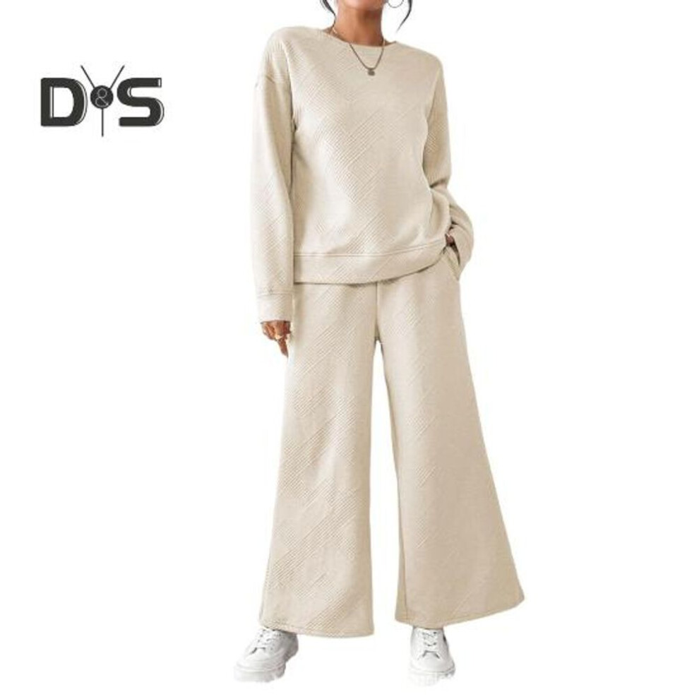(apricot, M) 2 Pcs/Set Women Top Pants Suit Round Neck Long Sleeves Textured Solid Color Sweatshirt Elastic Waist Wide Leg Trousers Daily Wear Sport Outfit Fall