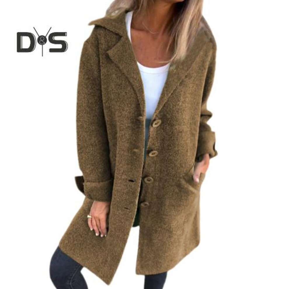 (tan, L) Autumn Winter Women Jacket Turn-down Collar Single-breasted Long Sleeves Loose Solid Color Woolen Coat Pockets Mid Length Commuting Dating Overcoat