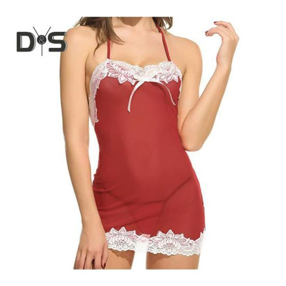 (red, XL) Lady Summer Nightdress Backless Halter Neck Sleeveless Sleepwear Lace Trim See-through Mesh Contrast Color Nightie Bedroom Honeymoon Wedding Night
