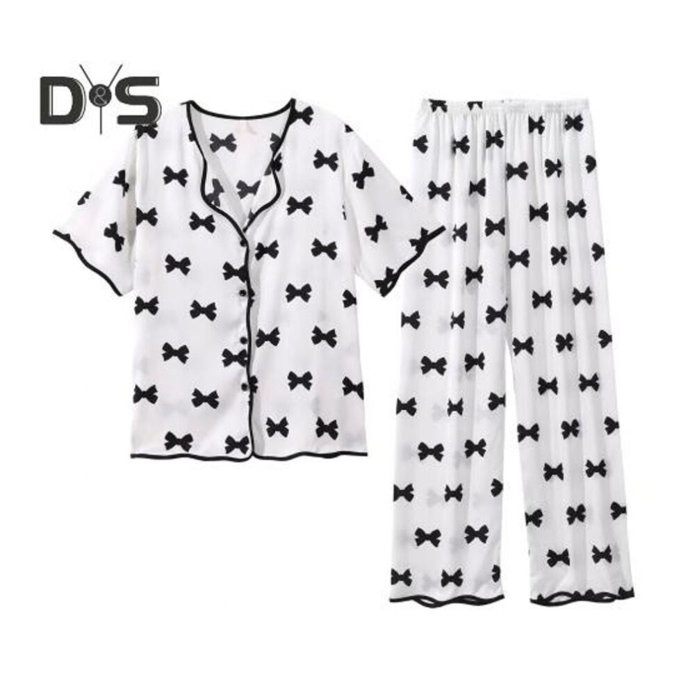(M, black) 2 Pcs/Set Satin Pajamas Bow Printing V Neck Button-down Plus Size Long Sleeve Shirt Elastic Waist Wide Leg Trousers Homewear Casual Outfit Spring