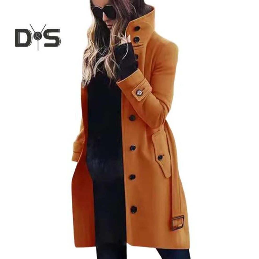(yellow, XXL) Winter Woolen Coat Plus Size High Collar Single-breasted With Belt Long Sleeves Thick Pure Color Jacket Dating Shopping Outdoor Overcoat