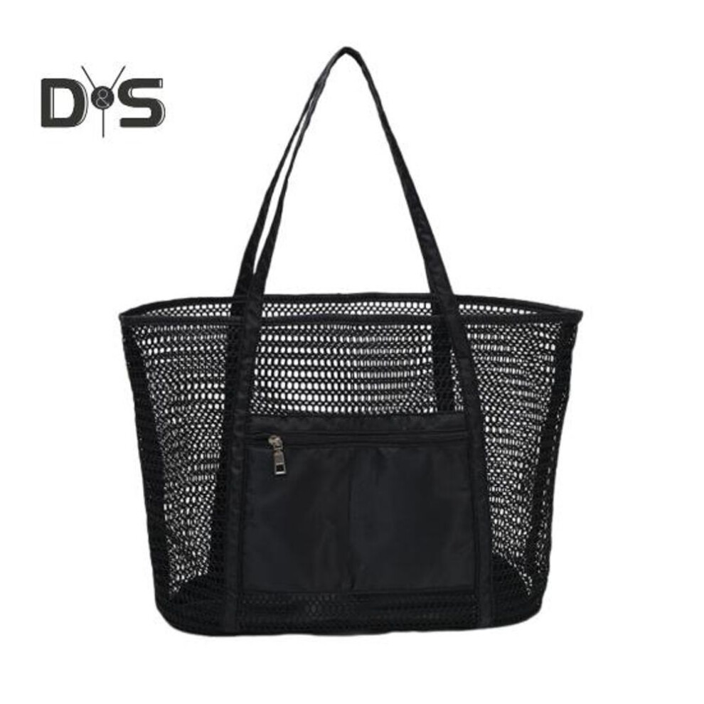 (black) Beach Bag Large Capacity Summer Travel Mesh Tote Bag with Large Pocket Sand-proof Woven Shoulder Handbag