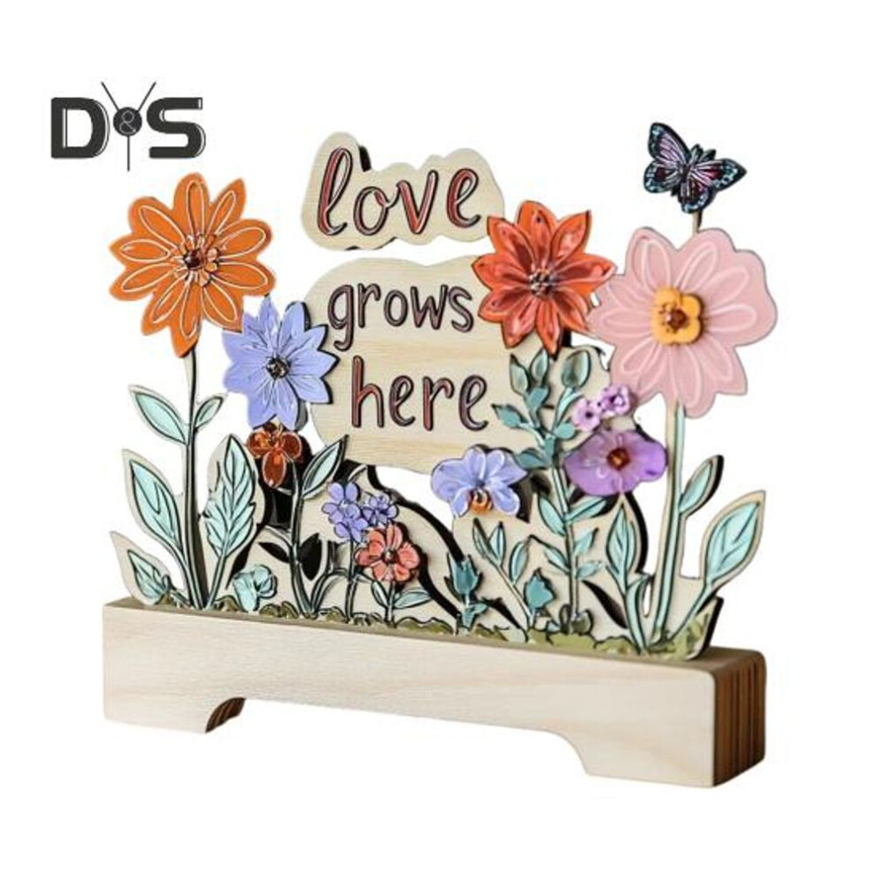 (as the picture, I) Mom's Garden Ornament Love Grows Here Sign with Wooden Base Table Centerpiece Decoration Mother's Day Birthday Appreciation Gifts