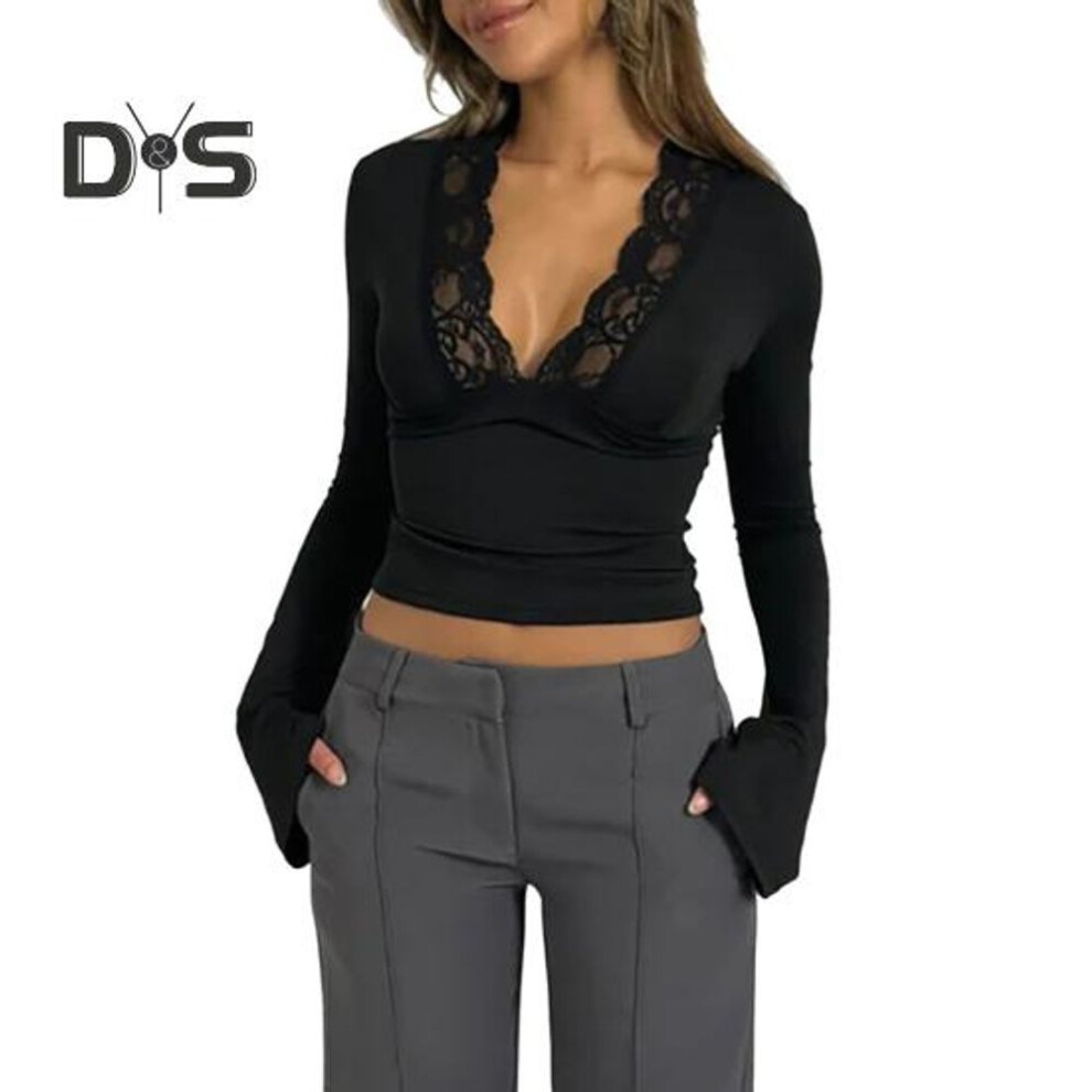(S, black) Women's Long Sleeve Crop Top Sexy Deep V Neck Lace Slim Fit Blouse Casual Basic Low Cut Going Out Shirt For Spring Fall