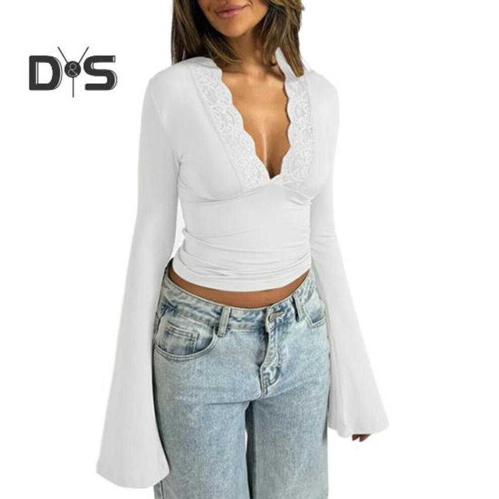 (L, white) Women's Long Sleeve Crop Top Sexy Deep V Neck Lace Slim Fit Blouse Casual Basic Low Cut Going Out Shirt For Spring Fall