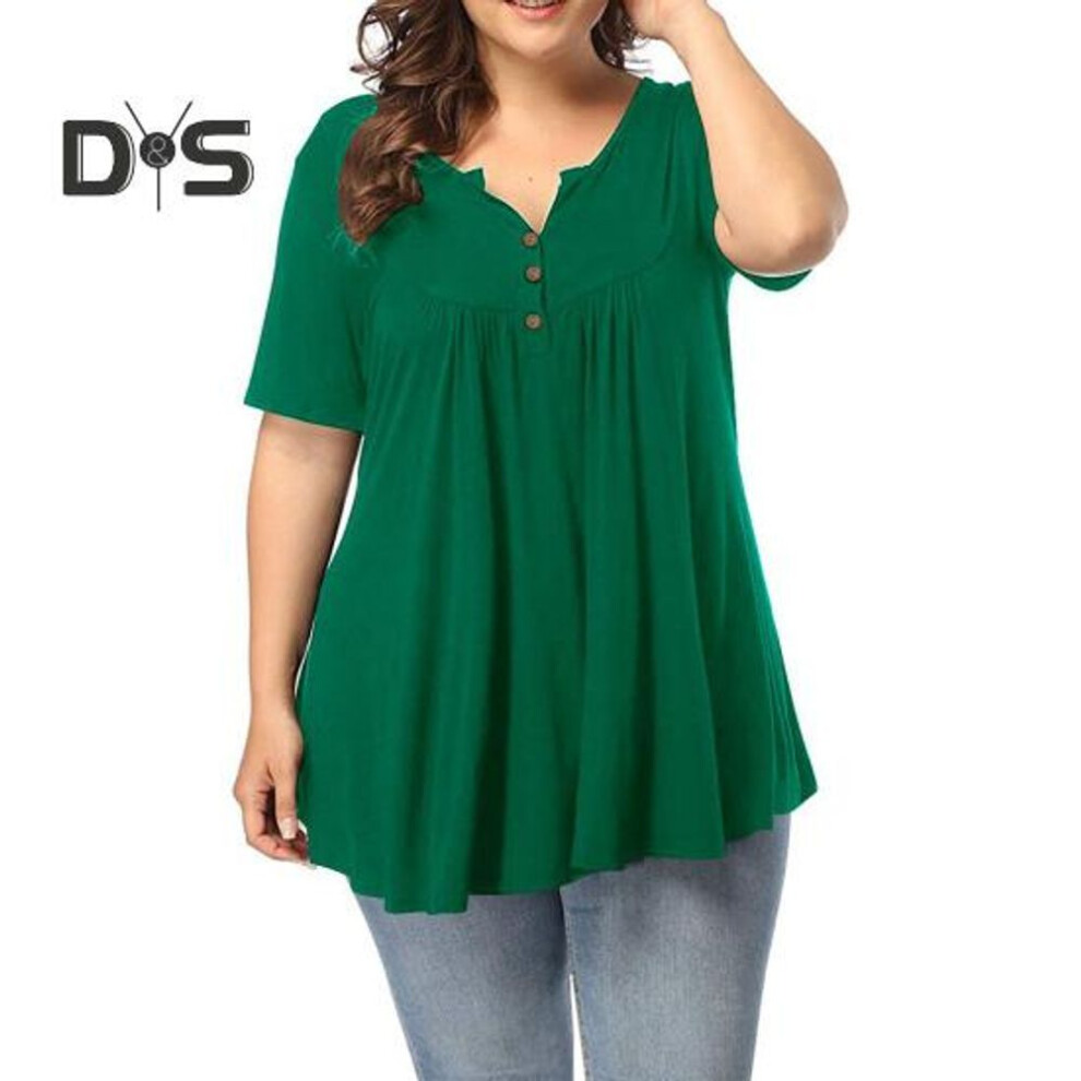 (3XL, green) Women's Plus Size Tunic Top Summer Short Sleeve V-Neck Button Up Shirt Casual Loose Fit Flowy Blouse for Beach Office Party Daily Wear