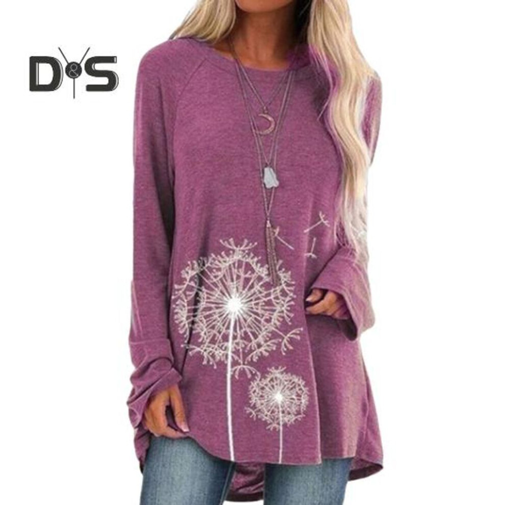 (XXL, red) Women's Plus Size Tunic Top Dandelion Print Longline Shirt Crew Neck Long Sleeve Pullover Tee Casual Loose Fit Blouse for Work Daily Life