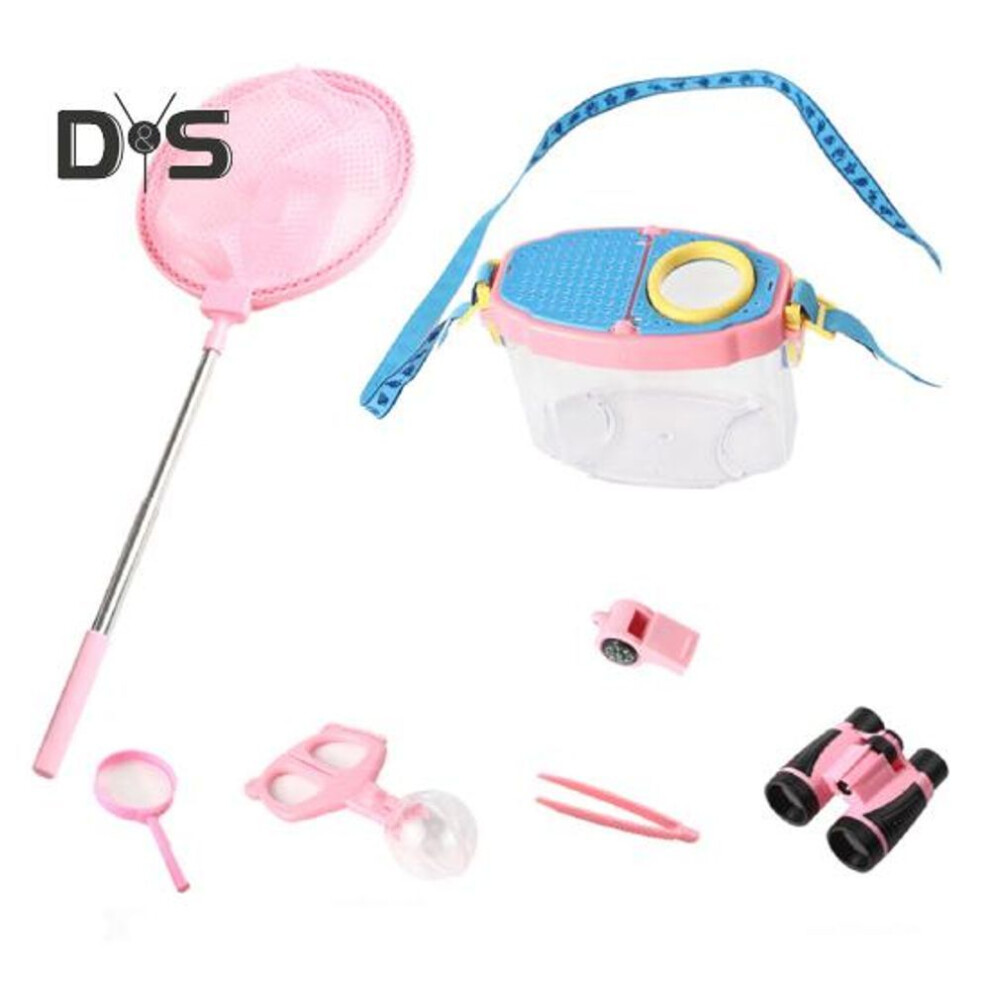 (pink) 1 Set Critter Catcher Kit With Viewer Box Telescopic Net Binoculars Clip Tweezers Magnifying Glass Whistle Kids Outdoor Nature Exploration Animal