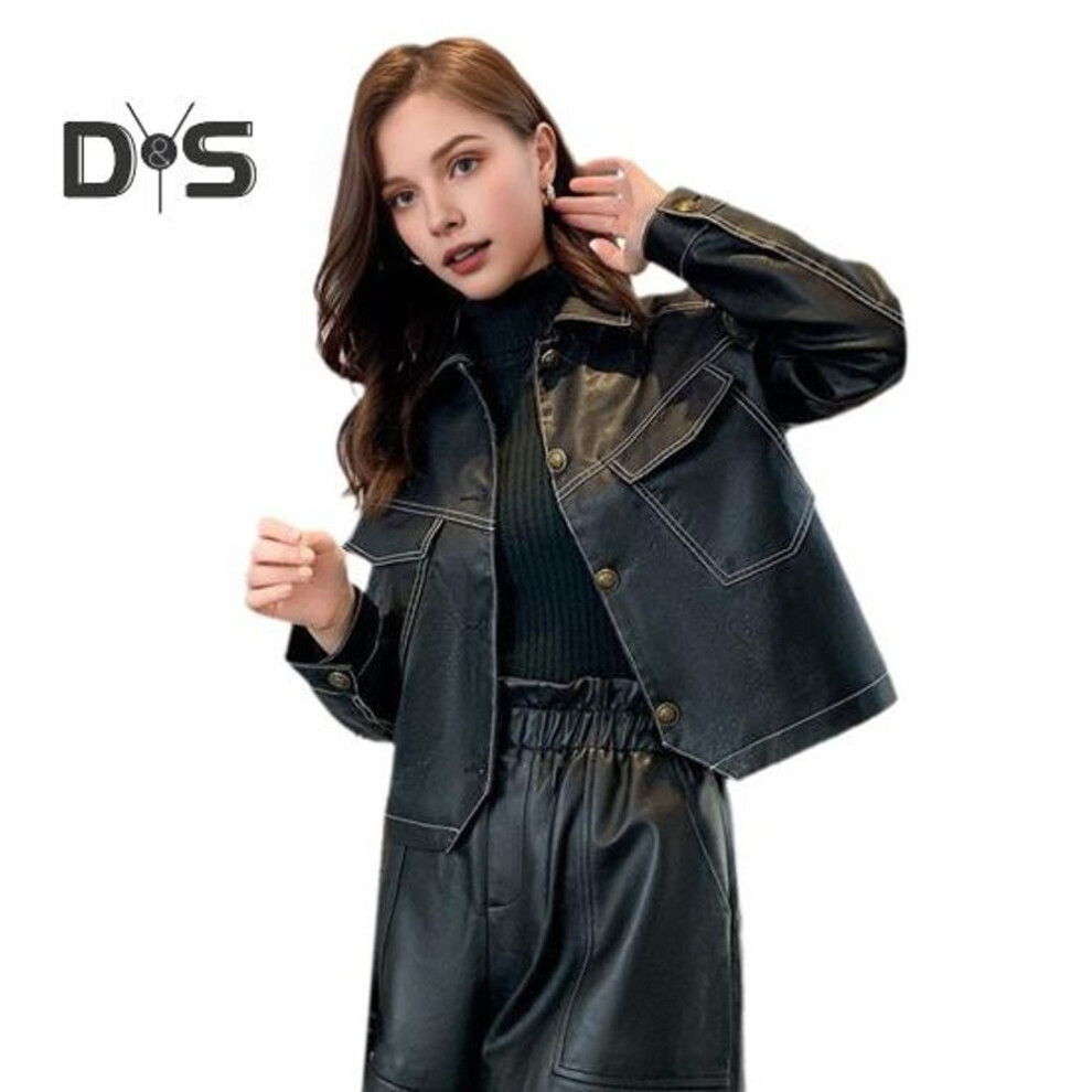 (black, L) Women Jacket Faux Leather Smooth Surface Turn-down Collar Single-breasted Flap Pockets Long Sleeves Motorcycle Coat Plus Size Travel Outerwear