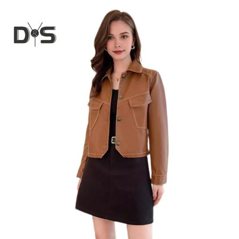 (brown, XXXL) Women Jacket Faux Leather Smooth Surface Turn-down Collar Single-breasted Flap Pockets Long Sleeves Motorcycle Coat Plus Size Travel Outerwear