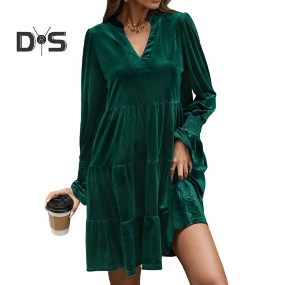 (dark green, M) Spring Fall Women Dress Golden Velvet V Neck Pleated Patchwork Long Sleeves A-line Solid Color Knee Length Dating Shopping Midi Dress