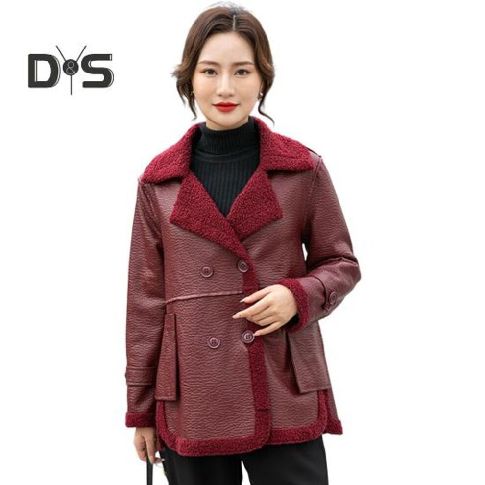 (red, XL) Autumn Winter Women Jacket Thickened Fleece Faux Leather Patchwork Dual-sided Reversible Mid Length Plus Size Pockets Double-breasted Notch Collar