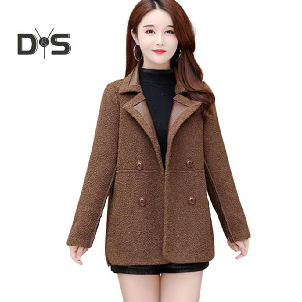(brown, XXL) Autumn Winter Women Jacket Thickened Fleece Faux Leather Patchwork Dual-sided Reversible Mid Length Plus Size Pockets Double-breasted Notch Collar
