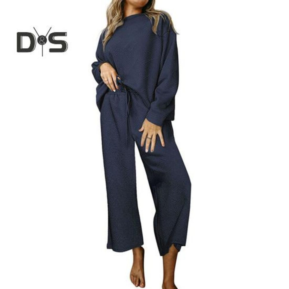 (navy blue, L) 2 Pcs/Set Women Top Pants Suit Round Neck Long Sleeves Textured Solid Color Sweatshirt Drawstring Elastic Waist Wide Leg Trousers Daily Wear Sport